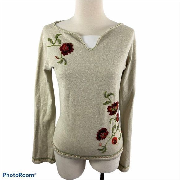 🌿4/$35🌿SMART SET Tan‎ Floral Embroidered Long Sleeve V Nec - Picture 7 of 7